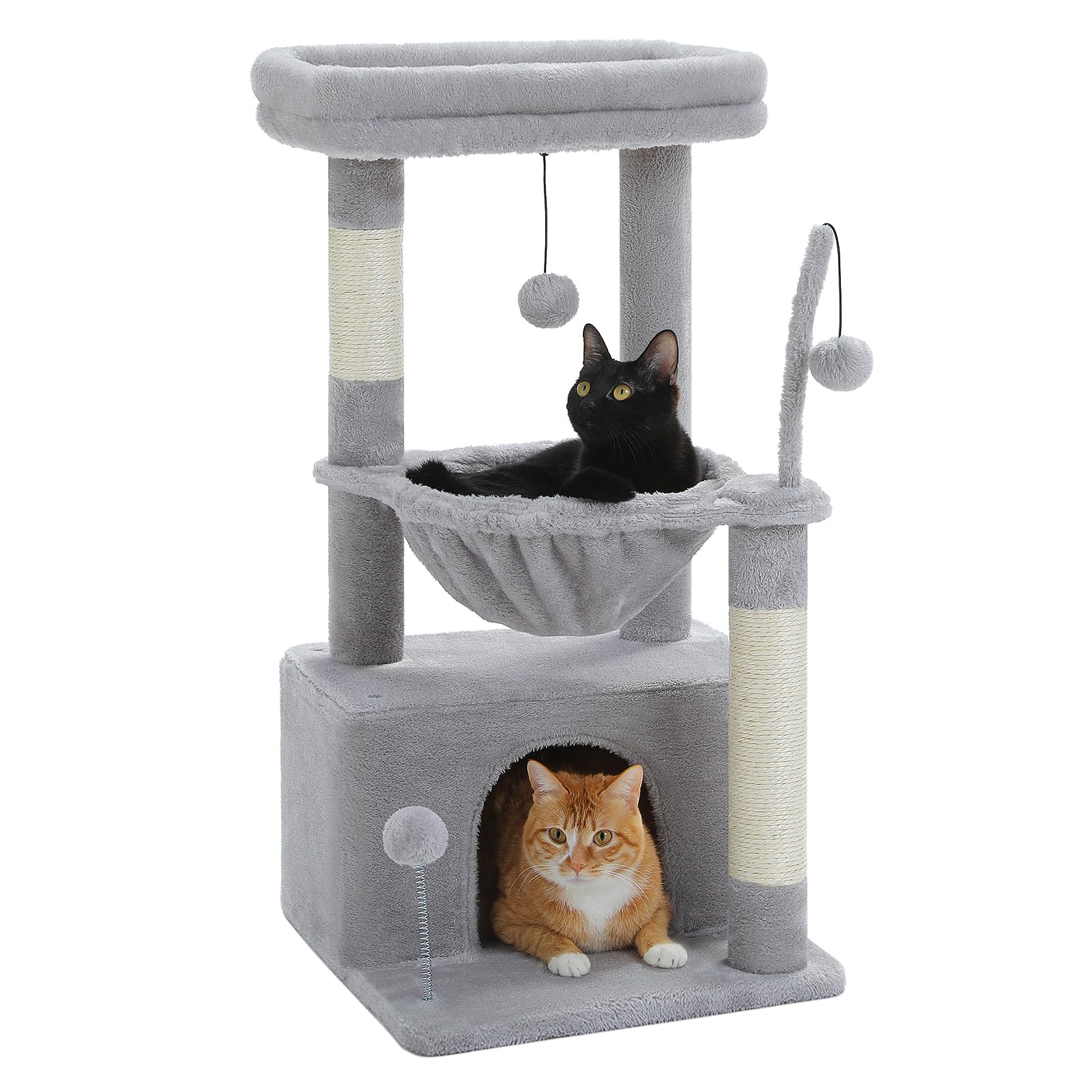PAWZ Road Kleiner Katzenbaum für Indoor-Katzen mit Hängematte, Katzenturm mit Sisal-überzogenem Kratzbaum, großer oberer Sitzstange, Katzenkratzbaum, Grau 83 cm