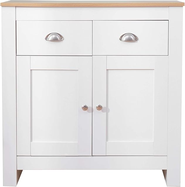 CFDZ Living Room Storage Unit Free Standing Cabinet 2 Door&2 Drawer Sideboard Cupboard- White/Grey+Oak,79x35x81cm (White)