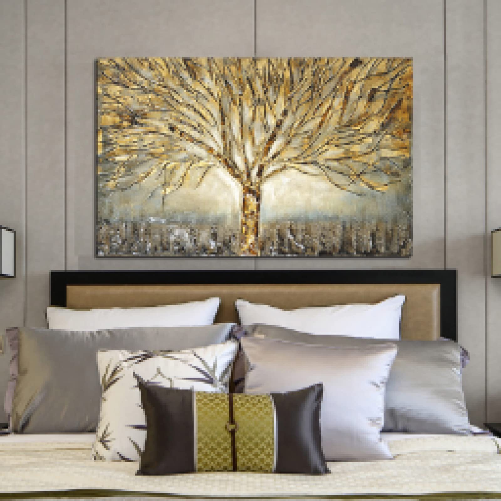 Toile Murale Arbre De Vie Jaune Doré Sur Fond Bleu – 60 X 120 Cm, Décoration Moderne Pour Salon, Chambre, Bureau