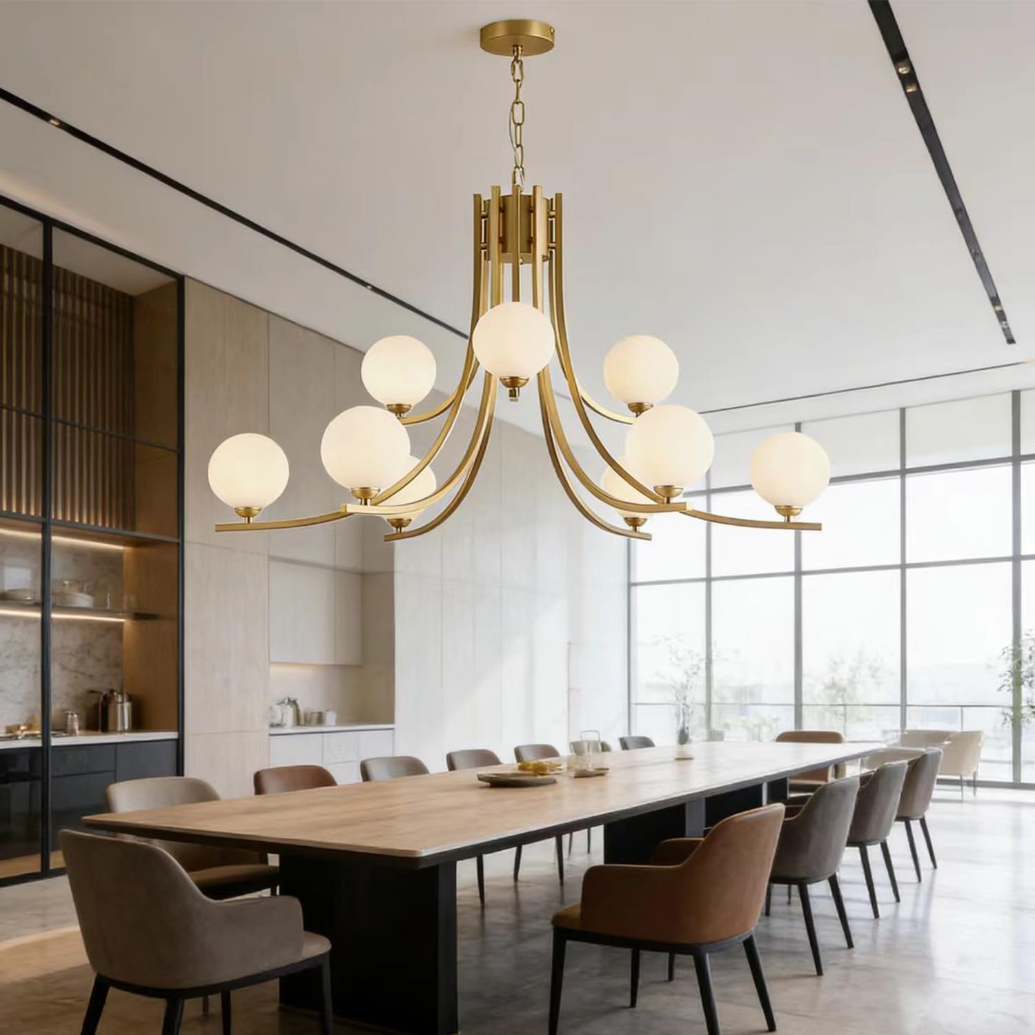Gold Sputnik Light Fixture Glass Globe Chandeliers 9-Light Milk White Globe Glass Modern Chandeliers for Dining Room, Living Room Kitchen Light Fixture