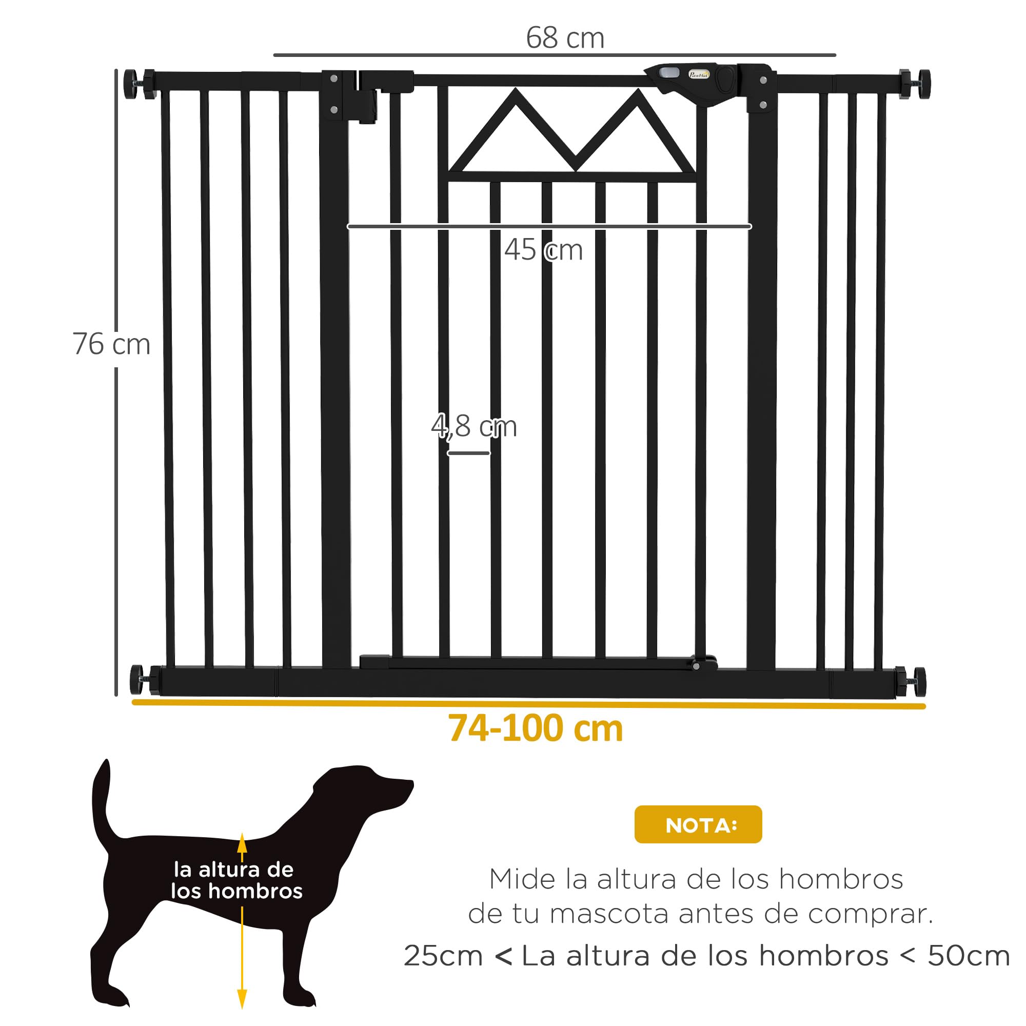 PawHut Barrera de Seguridad para Perros Extensible 74-100 cm, para Puertas y Escaleras, Barrera para Perros con Cierre Automático, Doble Bloqueo, Montaje a Presión y 2 Extensiones 7/14 cm, Negro