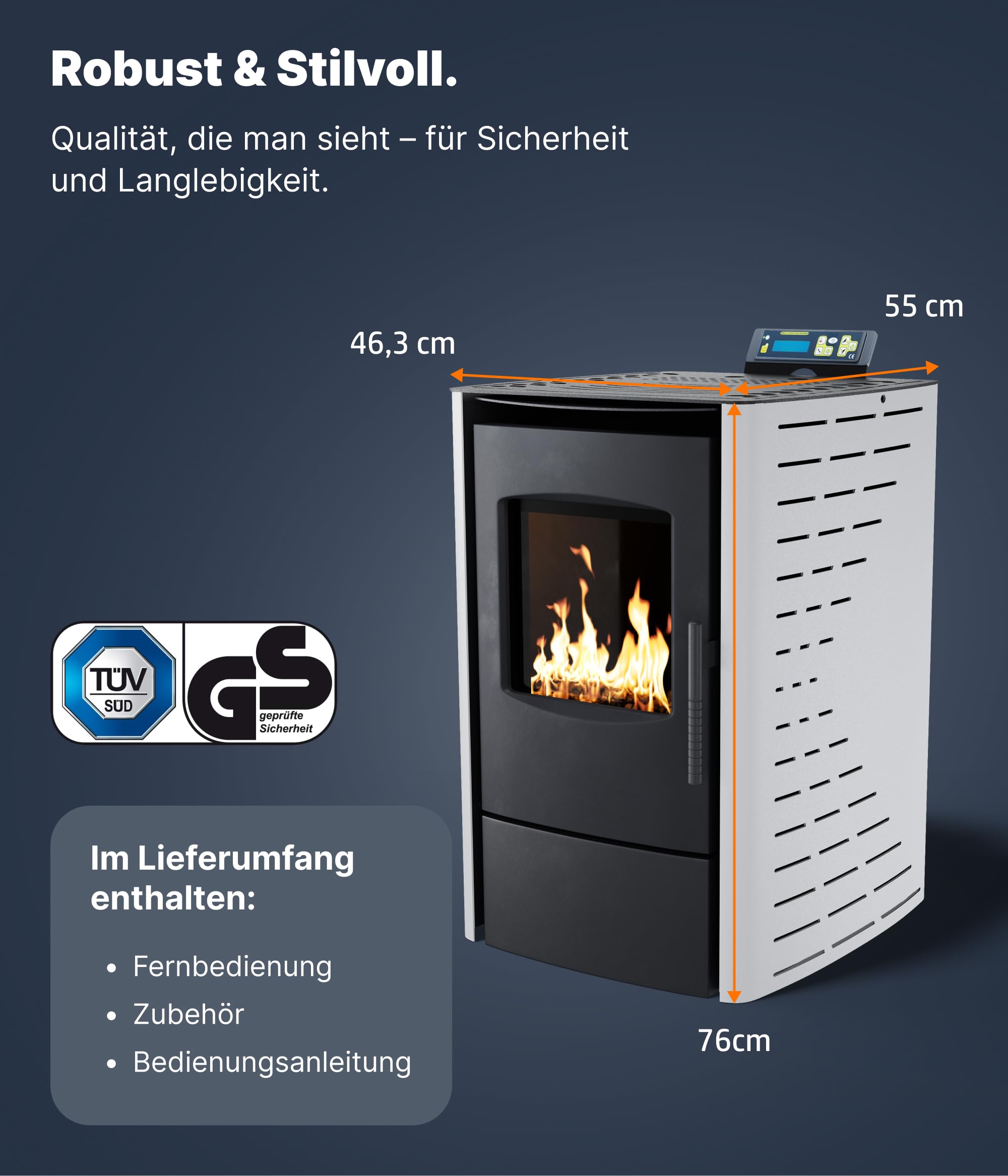 UMBRELLA® P6 Pelletofen 6 kW A+ bis 120 m³ – Auto-Reinigungszyklus, ECO-Modus, Wochenprogramm & mechanische Reinigungsunterstützung – Schwarz