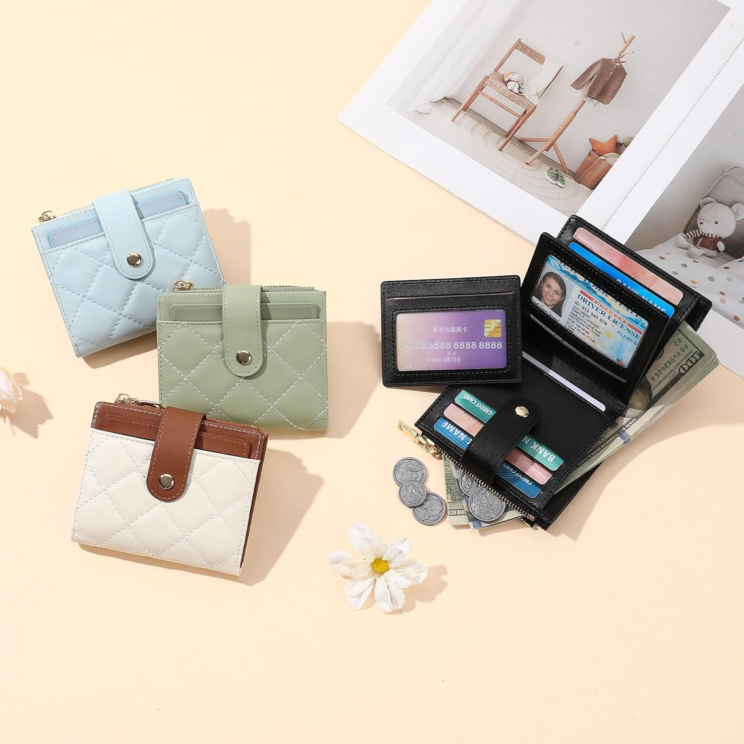 GAEKEAO Small Women Wallet Slim RFID Blocking Leather Bifold Compact Card Holder Wallet for Women with Zipper Change Pocket 3 ID Window - Image 7