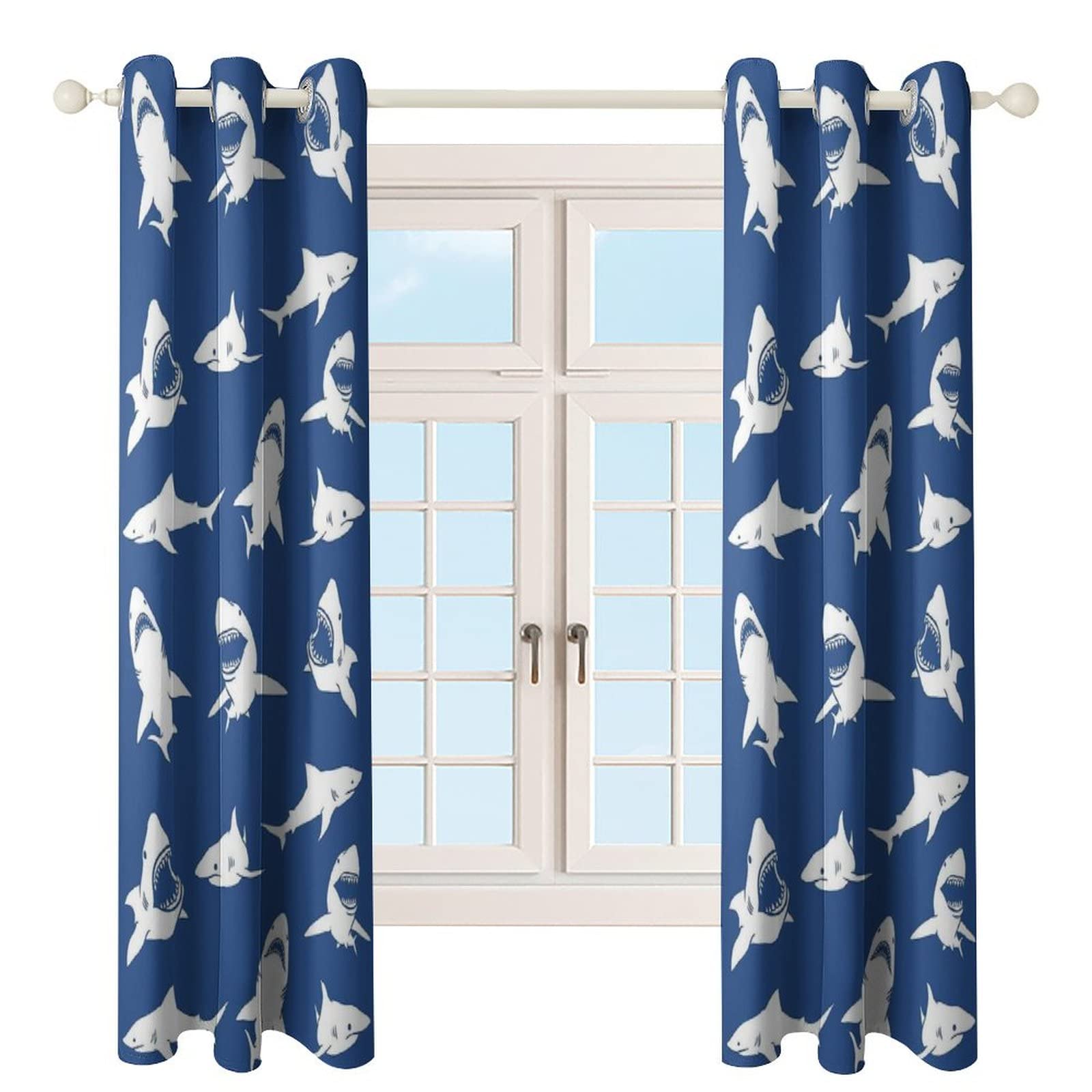 Amazon｜カーテン 花柄 遮光 可愛い ドレープ 遮光 カーテン サメの魚