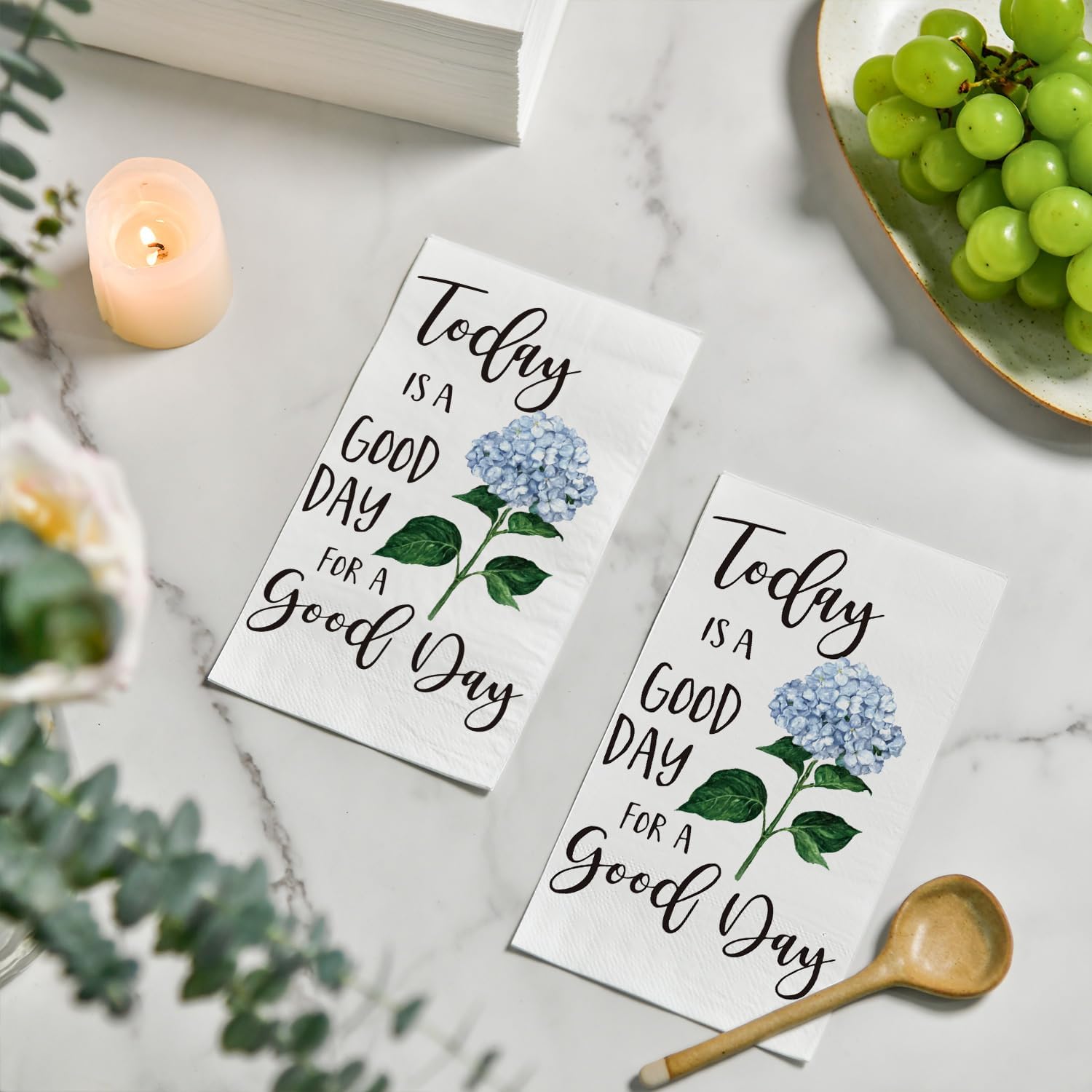 Horaldaily 100 Disposable Paper Decorative Guest Napkins, Blue Hydrangea Good Day Celebration Hand Towel for Party Lunch Dinner Kitchen Bathroom
