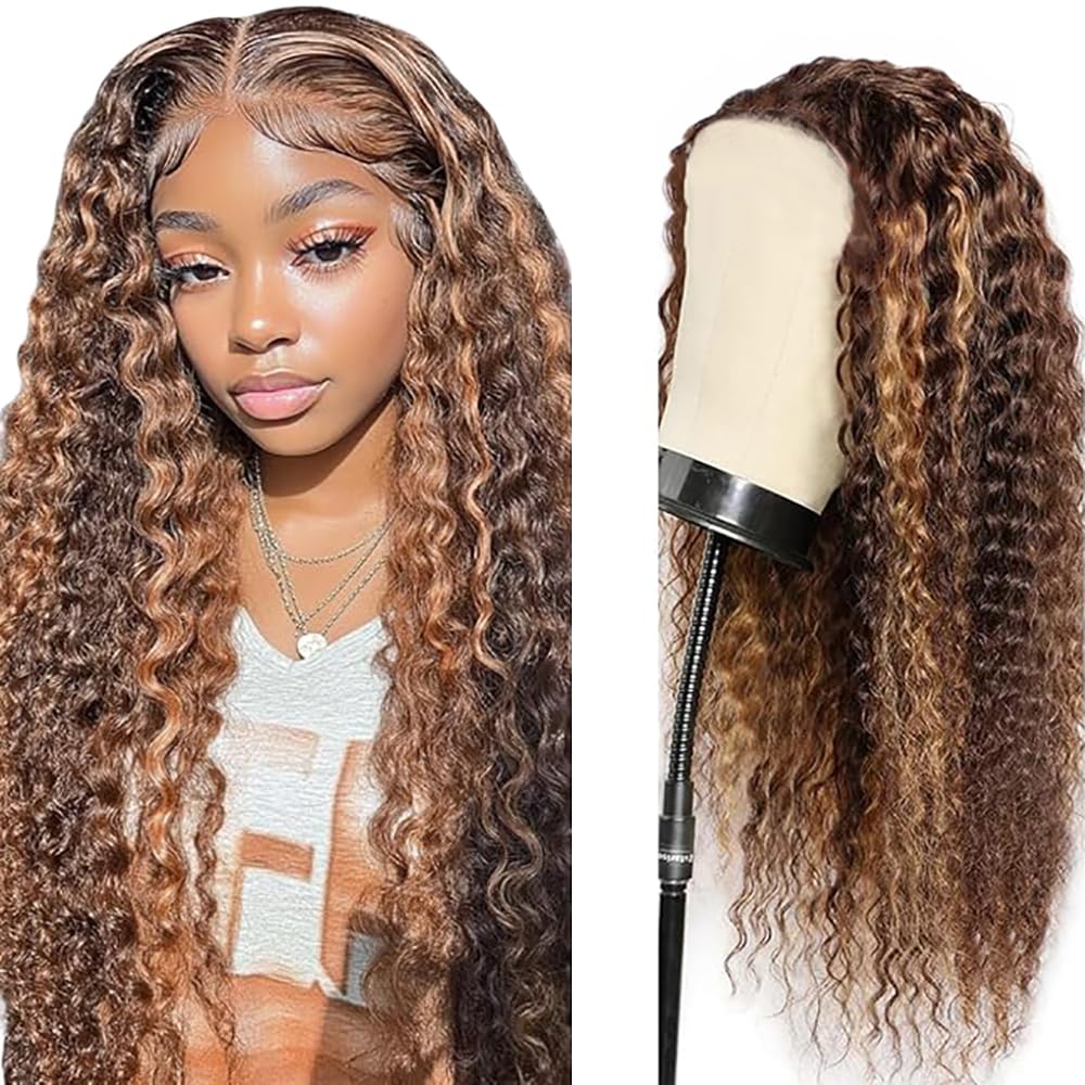 Pelucas Mujer Pelo Natural Humano Bone Curly Wave Human Hair Wig 4X1 Lace Closure Cabello Humano Glueless Wear and Go with Baby Hair Bleached Knot Highlight Brown Color 34 Inch