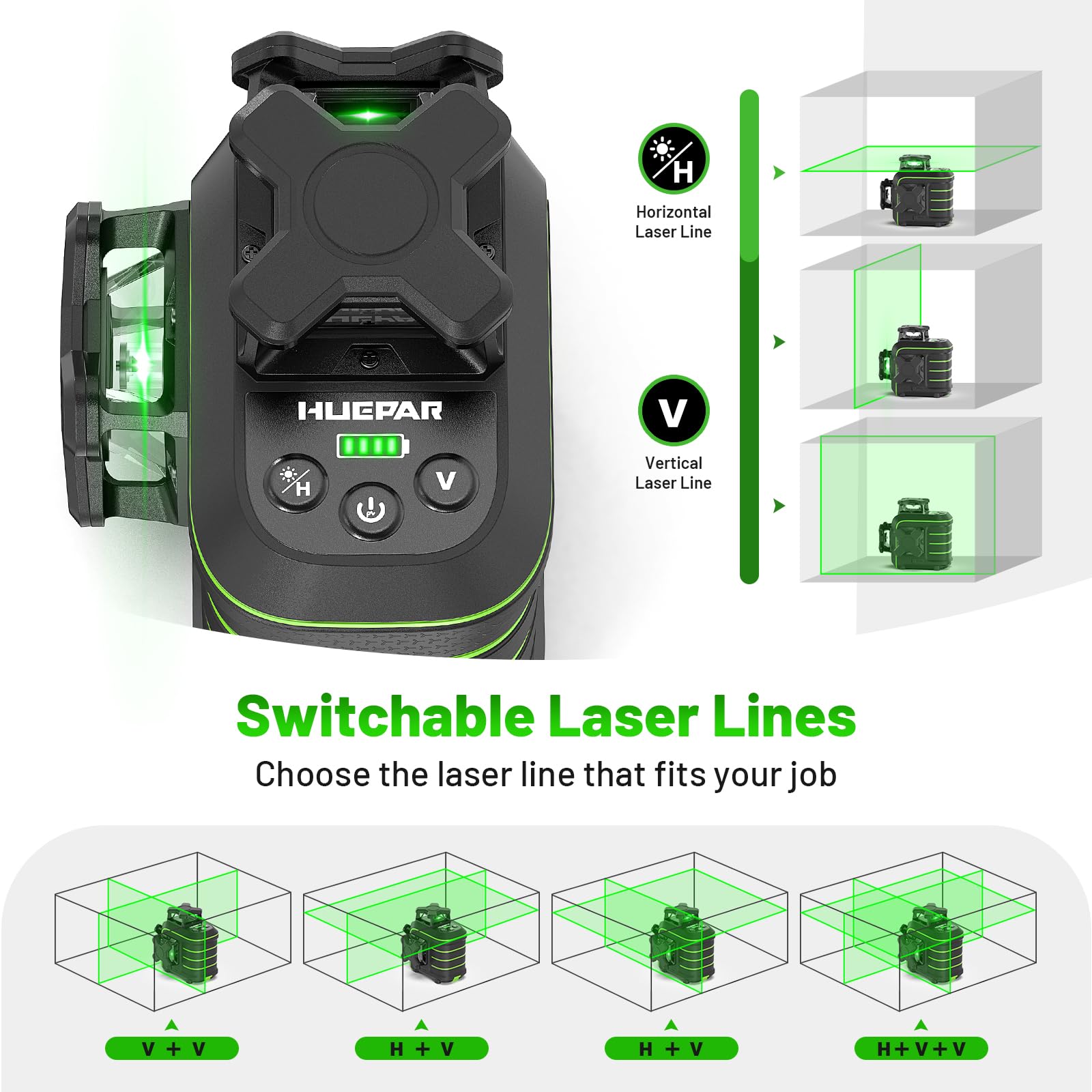 Huepar Livella Laser Verde 3x360°Autolivellante con Treppiede 1,2m, Resistente alle Cadute fino 1,5m,12 Linee,Supporto Magnetico 360°,Modalità Impulso,Portata 50m, Kit Professionale Completo U03CGT