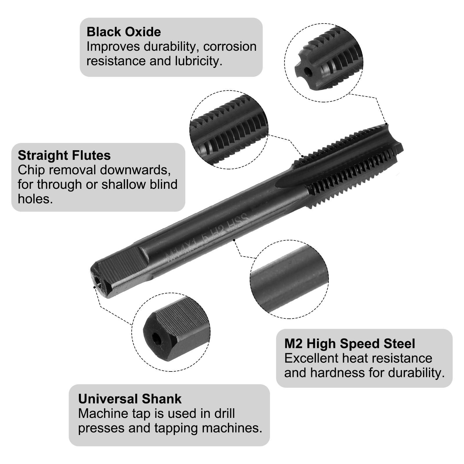 Set di Maschi e Punte da Trapano metrici, 1 Maschio filettato a scanalatura Dritta M14 x 1,5 e 1 Punta elicoidale da 12,5 mm, Utensili per Filettatura e maschiatura in ossido Nero HSS6542