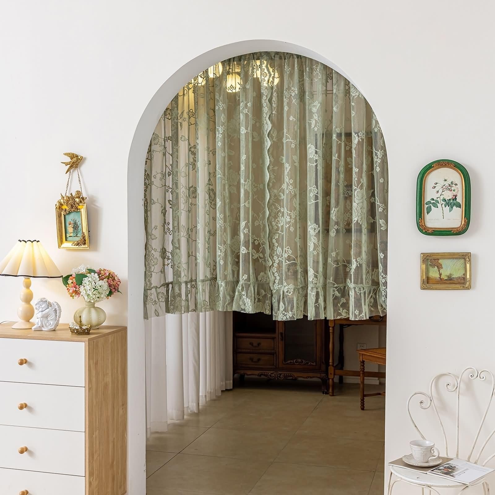 Visillo (2 unidades, jacquard, encaje, bordado, 140 x 200 cm), color verde