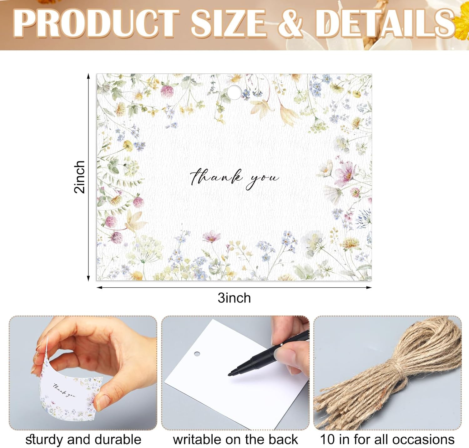 Eaasty 60 Pack Floral Thank You Gift Tags with 60 Twine Strings, 2 x 3 in Watercolor Wild Floral Flower Paper Tags in 6 Designs for Weddings, Bridal & Baby Showers, Birthday Party Favors DIY Crafts - Image 2