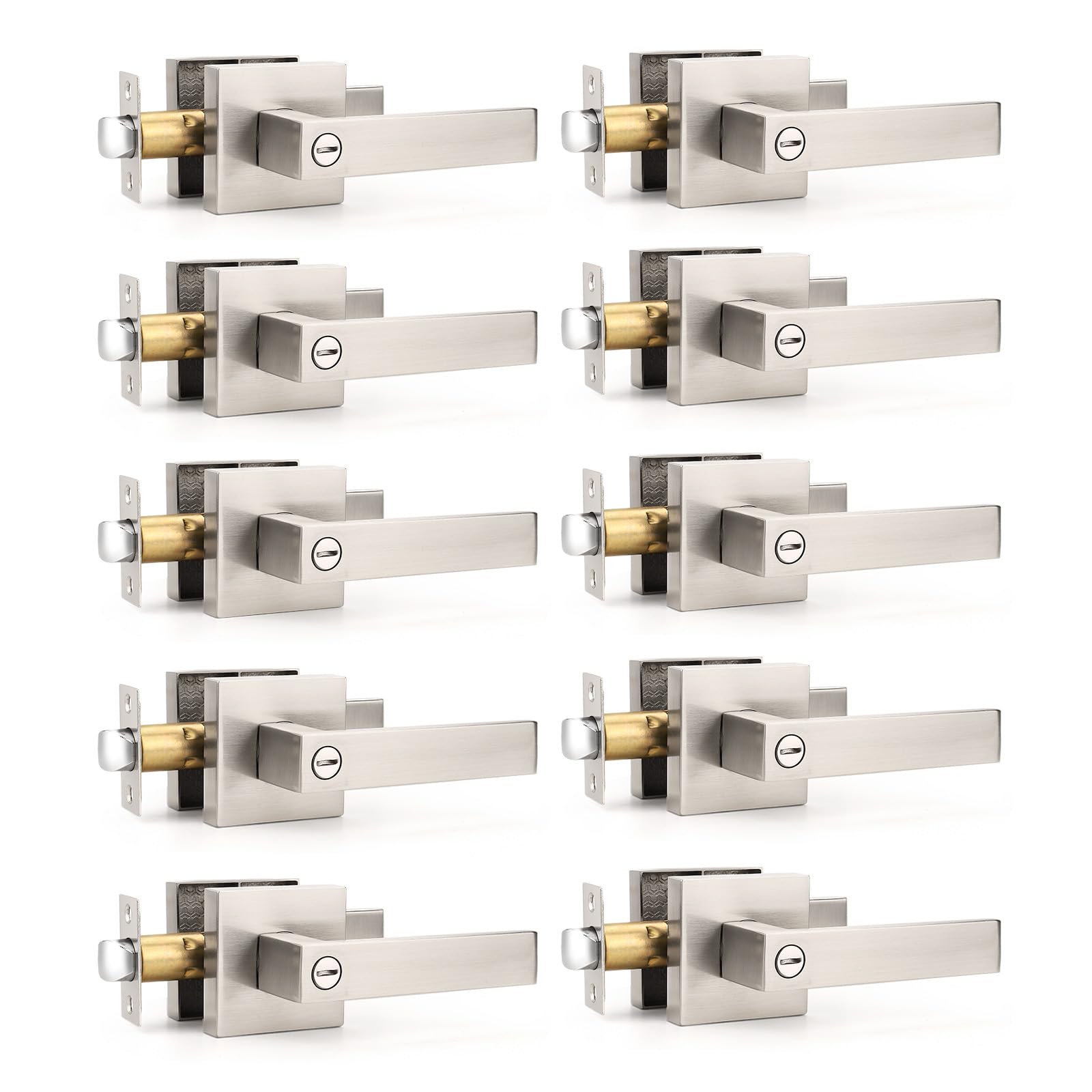 Gobrico Pomo para puerta, níquel satinado, privacidad, sin llave, con botón, para dormitorio y baño, 10 unidades