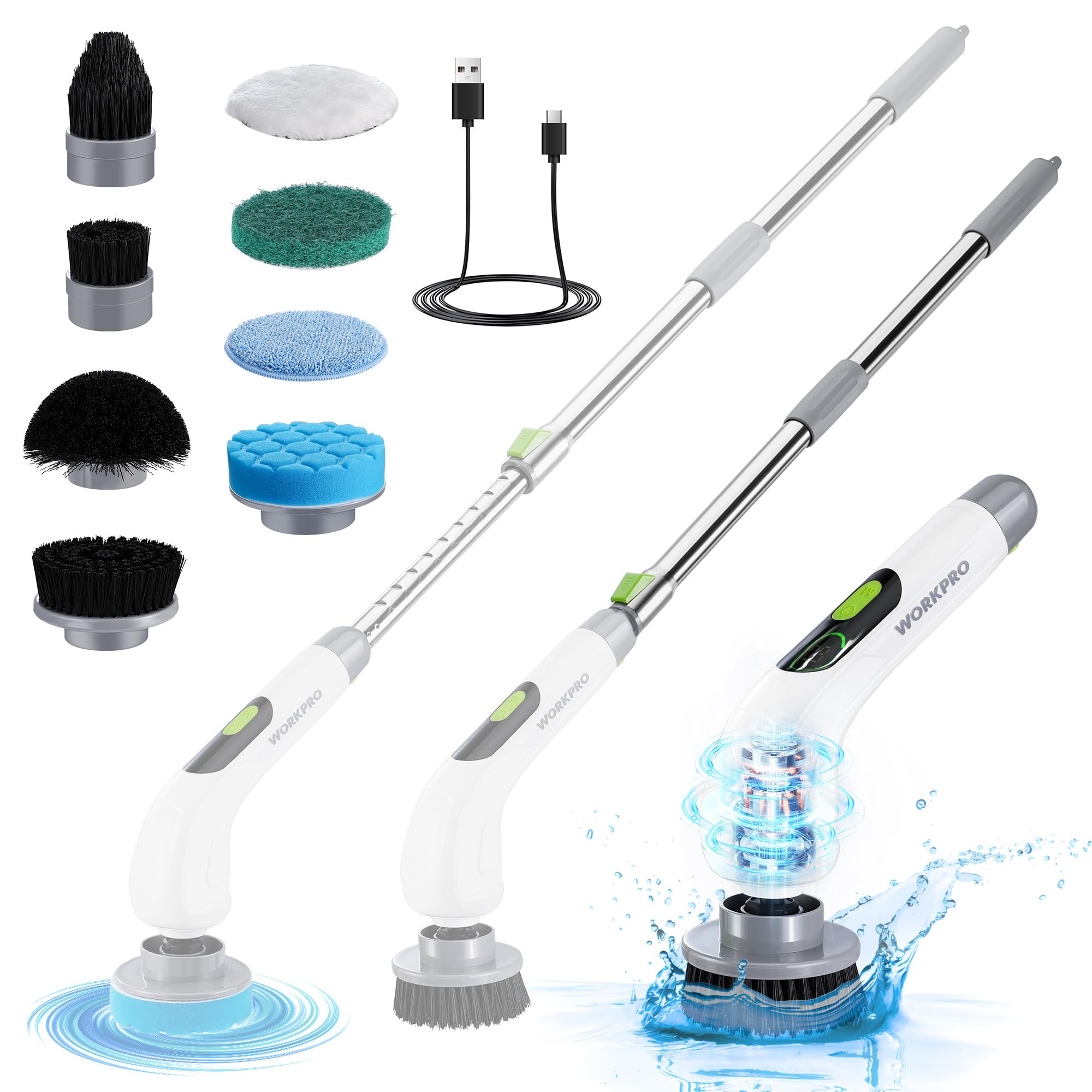 WORKPRO Elektrische Reinigungsbürste mit Leistungsanzeige, 8 IN 1 Spin Power Schrubber, Mit 8 Bohrköpfen & 30-120 cm Teleskopstange, Akku-Reinigungsbürste mit 3 Drehzahlstufen, Für Badezimmer, Küche