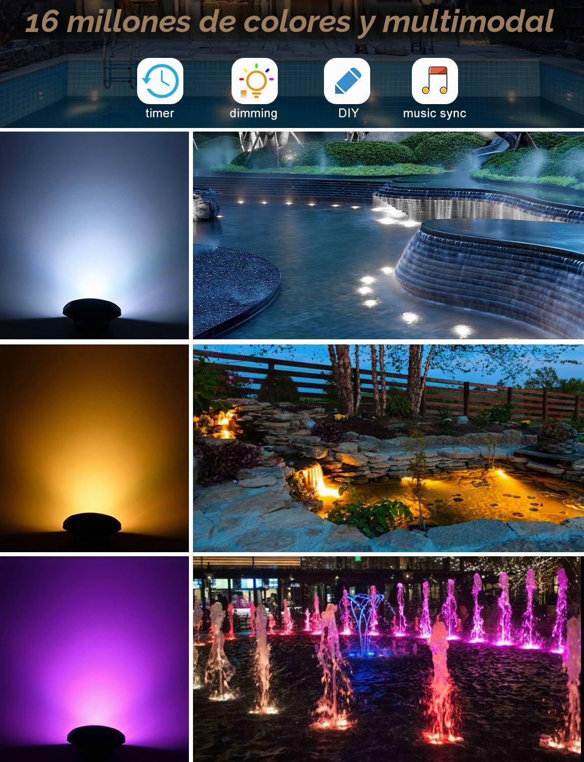 NATPOW Lámparas de estanque, Focos Submarinos RGB Lámpara Exterior con conexión Bluetooth, Mando a distancia, IP68 impermeables, multicolor para acuario, jardín, piscina, fuente (4 en 1)