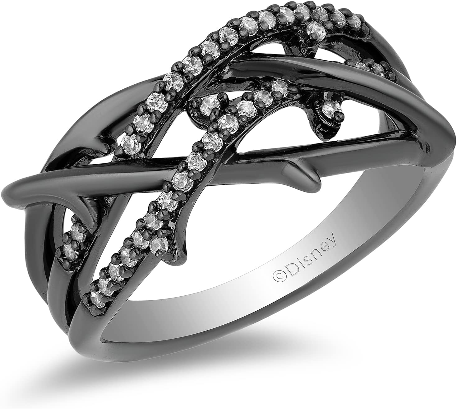 Jewelili Enchanted Disney Fine Jewelry Sterling Silver with Black Rhodium 1/6 Cttw Diamond Maleficent Ring