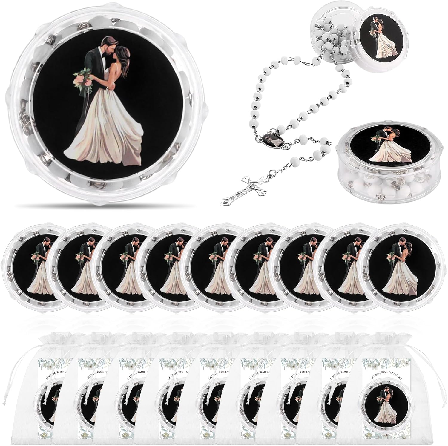 24 Sets Nuestro Boda Rosary Beads Necklace Catholic Wedding Favors Para Boda Religious Aromatherapy Wood Beads with Box Cards Organza Bags Spain Wedding Gift for Guests Bridal Groom