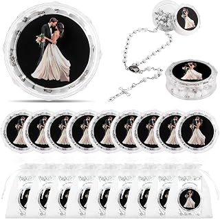 24 Sets Nuestro Boda Rosary Beads Necklace Catholic Wedding Favors Para Boda Religious Aromatherapy Wood Beads with Box Cards Organza Bags Spain Wedding Gift for Guests Bridal Groom