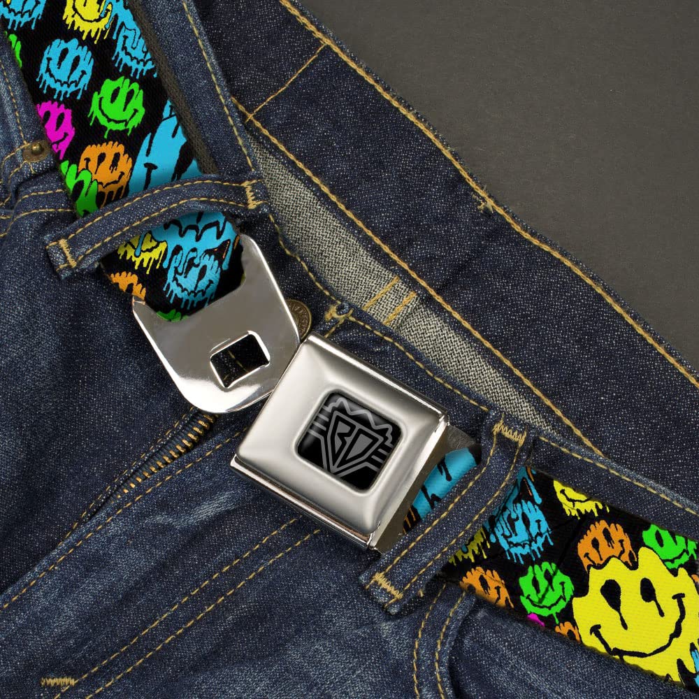 Buckle-Down Belt, Seatbelt Buckle Belt, Smiley Faces Melted Stacked Black Multi Neon, Youth 20 to 36 Inches