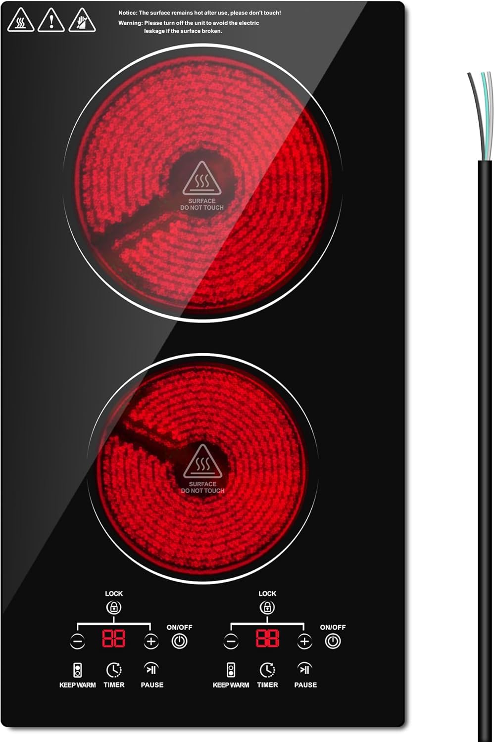 2 Burner Electric Cooktop, 12 Inch Electric Stove Top, Built-in Electric Cooktop with Sensor Touch Control, Timer & Child Lock Included,Keep Warm,9 Power Levels, 3000W, 220V-240V Hard Wired (No Plug)