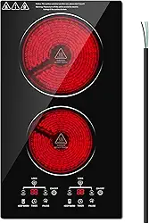 Fogão elétrico de 2 bocas, fogão elétrico de 30 cm, fogão elétrico embutido com sensor de controle de toque, temporizador e trava para crianças incluídos, mantém aquecido, 9 níveis de energia, 3000W