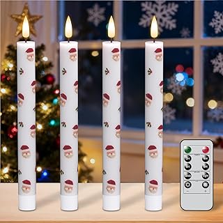 Christmas Flameless Taper Candles with Remote Timer, 4 Pack LED Flickering Candlestick, 9.65 Inch Battery Operated Real Wax Candles with Santa Claus Prints for Christmas Decorations