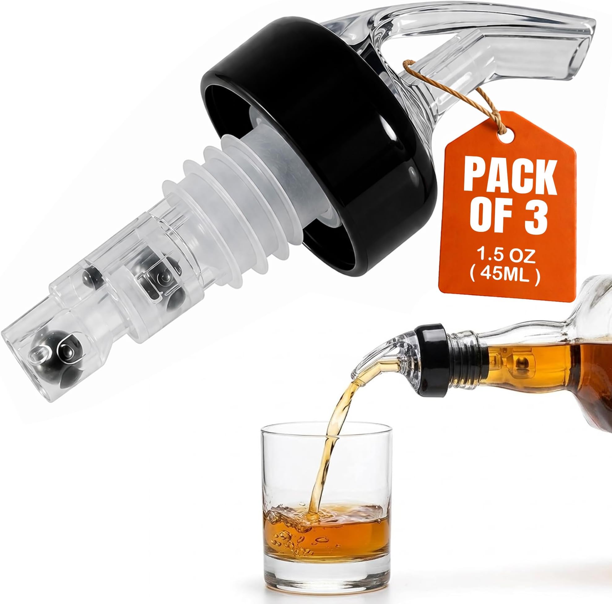 Measured Pourer - Liquor Bottle Pourers - Collared - (3pk) Made 100% In The USA. Bar Spouts That Don't Leak - No Cracks, Just A Perfect Cocktail Pour Everytime. Great for Wine Too! (1.5oz)