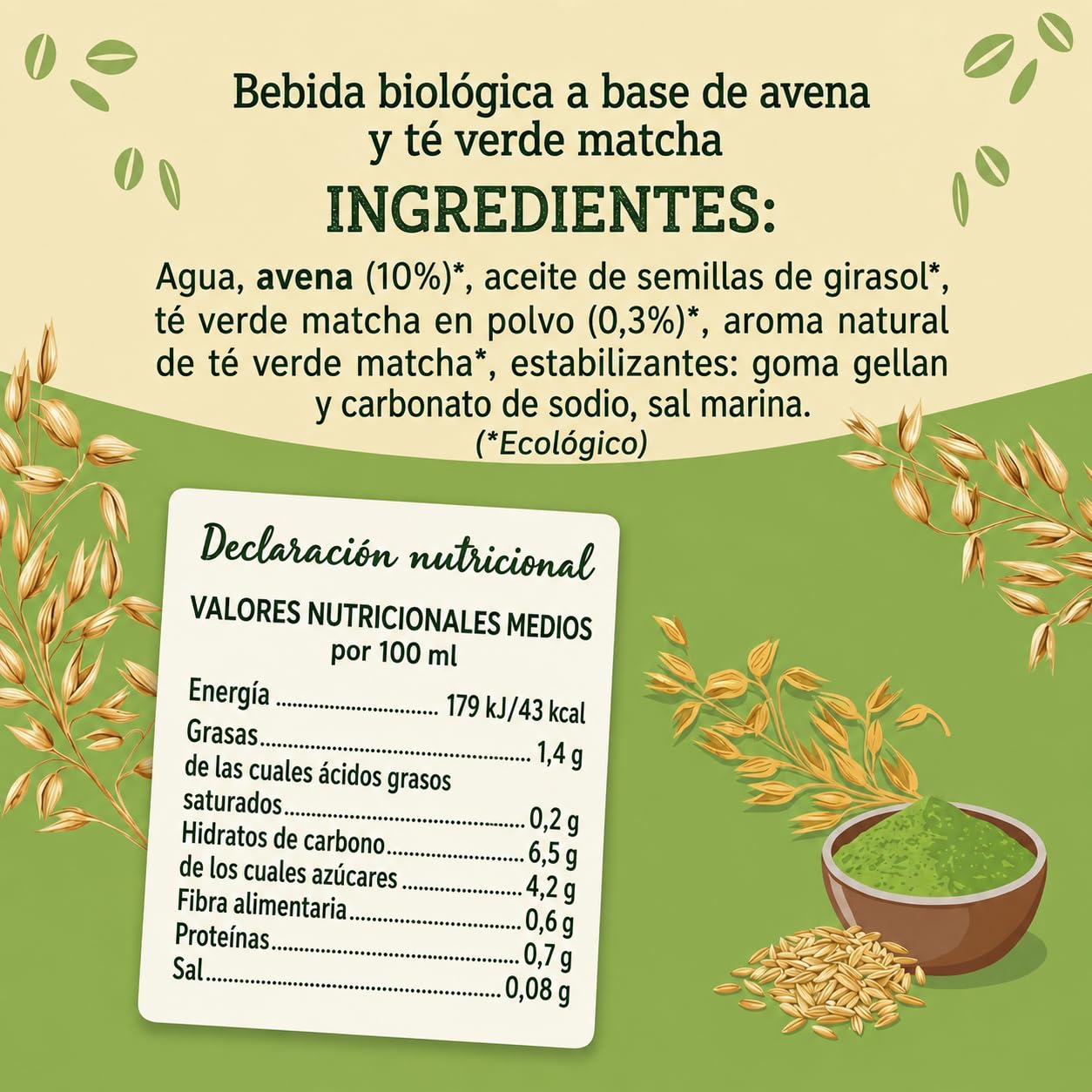 ISOLA BIO - Pack de 6 Unidades de 1 L de Bebida Ecológica Vegetal de Avena y Matcha - Sin Azúcar Añadido - Apto para Veganos - Ideal para Tomar Sola o en Batidos