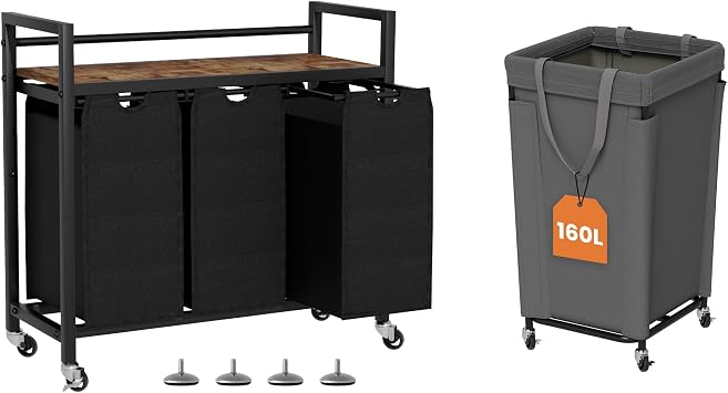 3-Bag Laundry Hamper & 160L Large Basket with Steel Frame for Laundry Room Organization