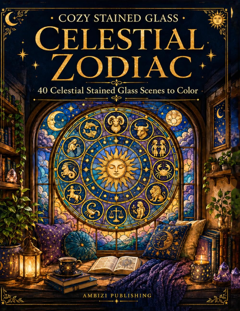Cozy Stained Glass: Celestial Zodiac: 40 Celestial Stained Glass Scenes to Color