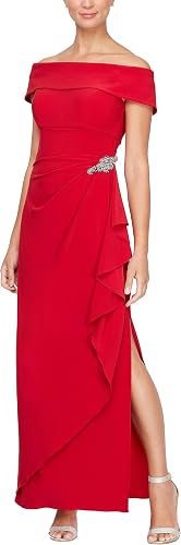 Alex Evenings Women's Long Matte Jersey Off The Shoulder Gown with Hip Embellish