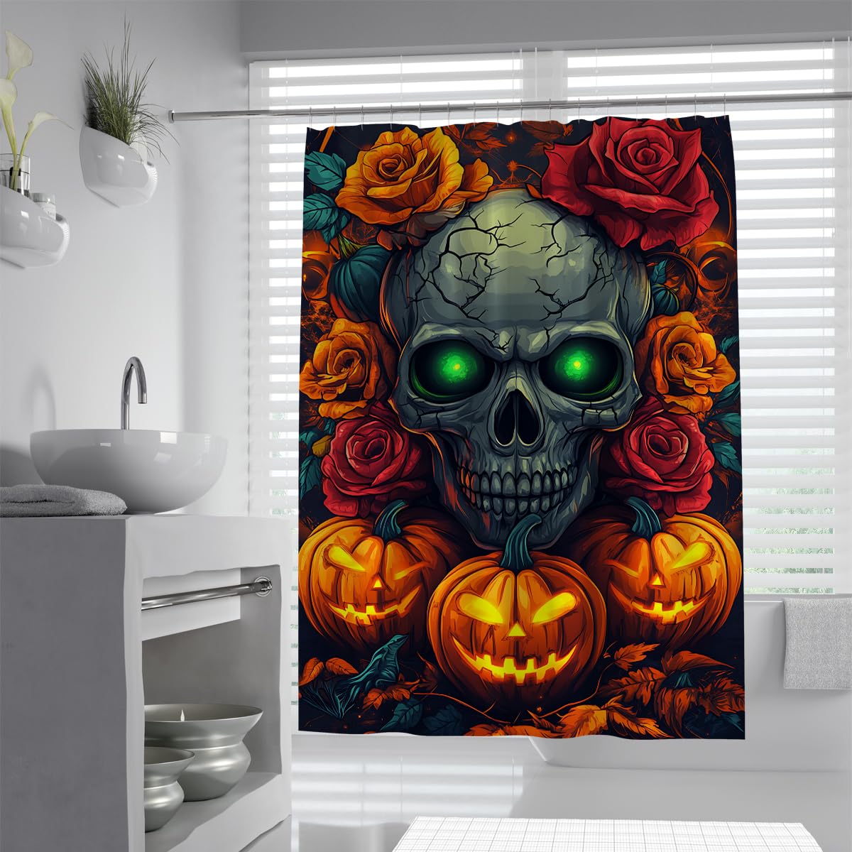 Tende Doccia Teschio Gotico Halloween Zucca Rosa Gialla 200x200cm