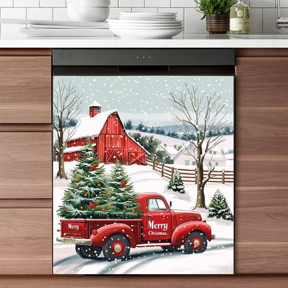 Winter Snow Dishwasher Cover Kitchen Decor Red Car