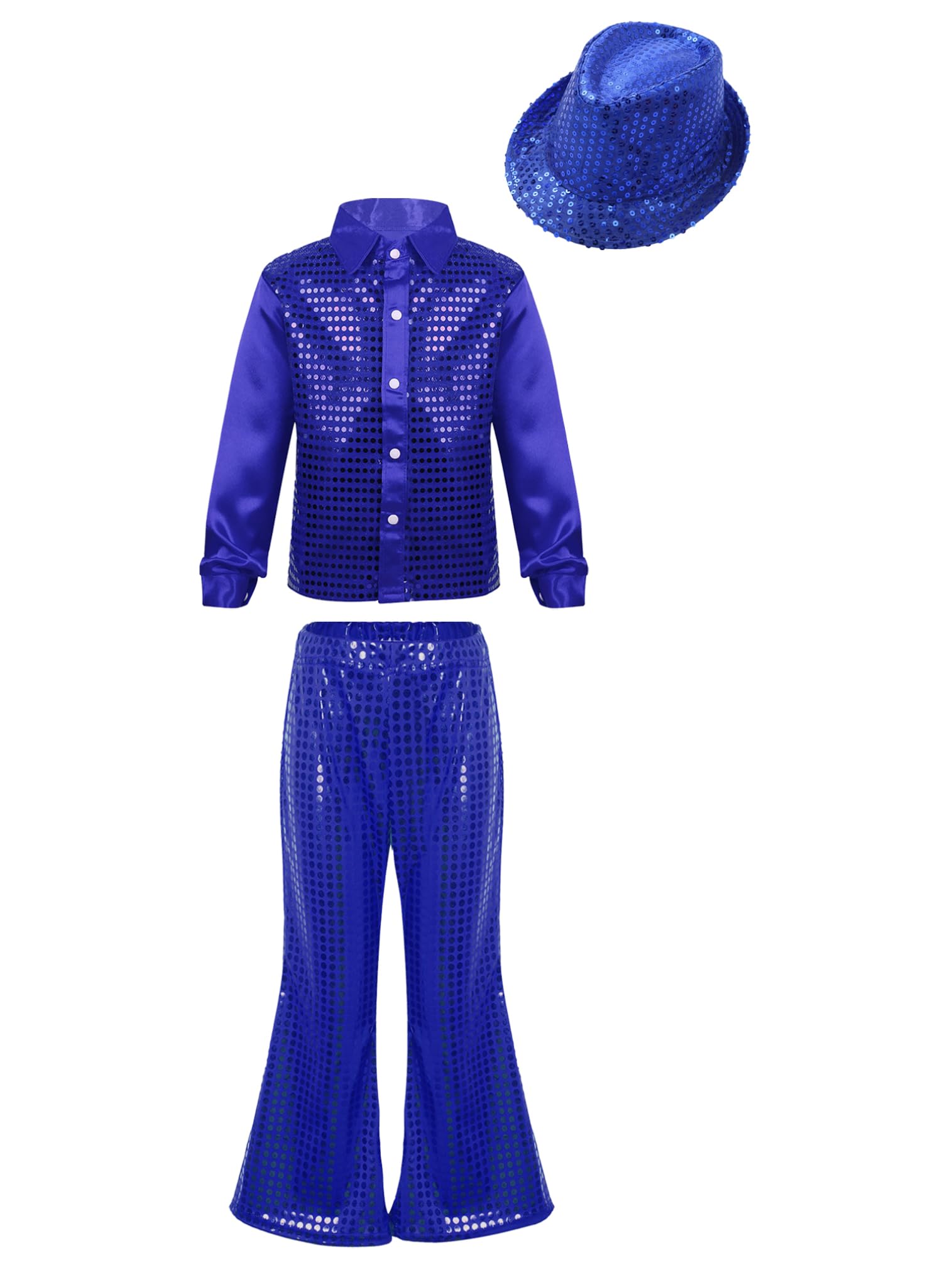 easyforever Kids Boys Girls Hip Hop Jazz Choir Dance Costume Sequins Long Sleeves Shirt Blouse with Flared Pants Hat Blue 11-12 Years