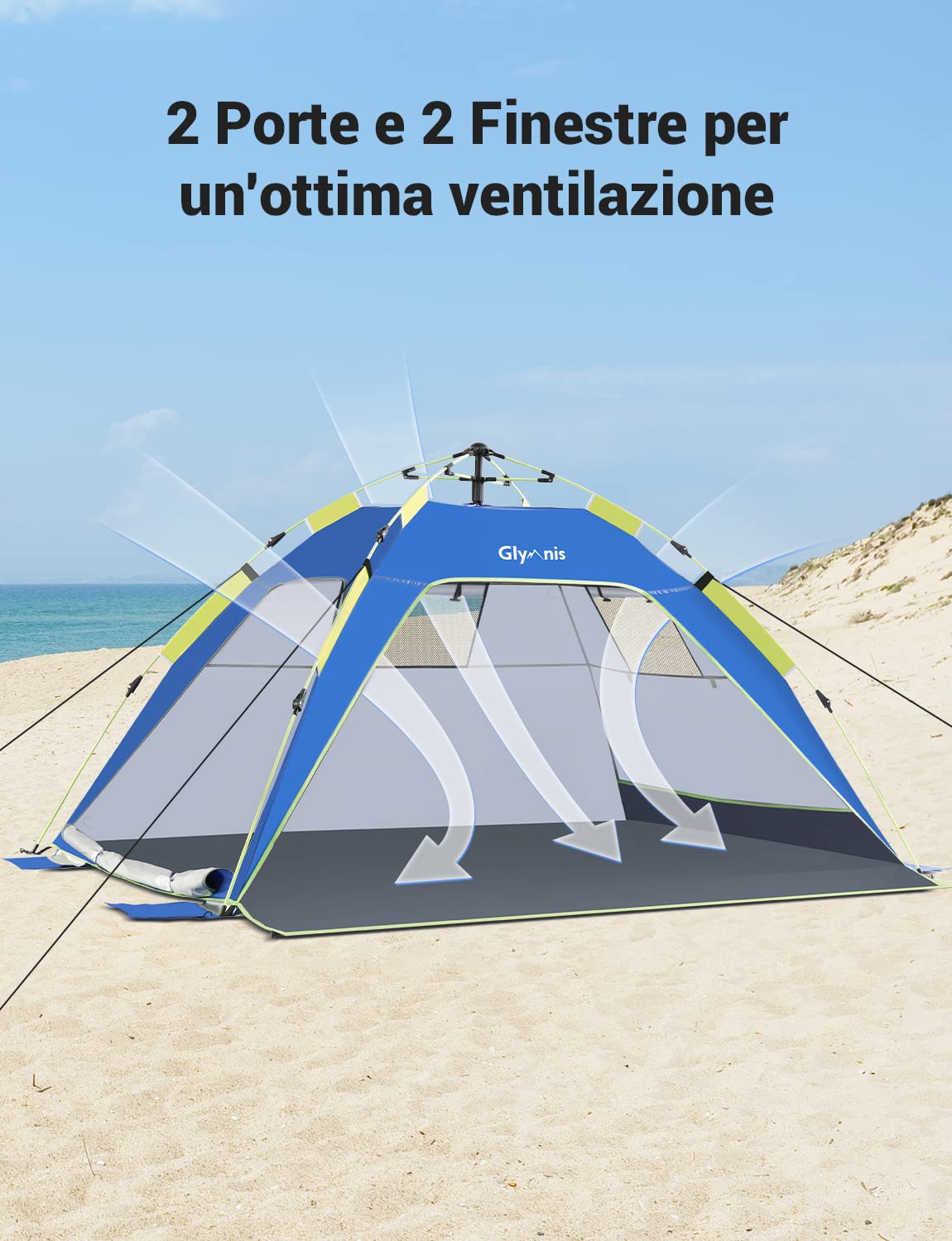 Tenda da Spiaggia Quick-up UPF 50+ 215x150x115cm 3-4 Persone con Finestre e Porte