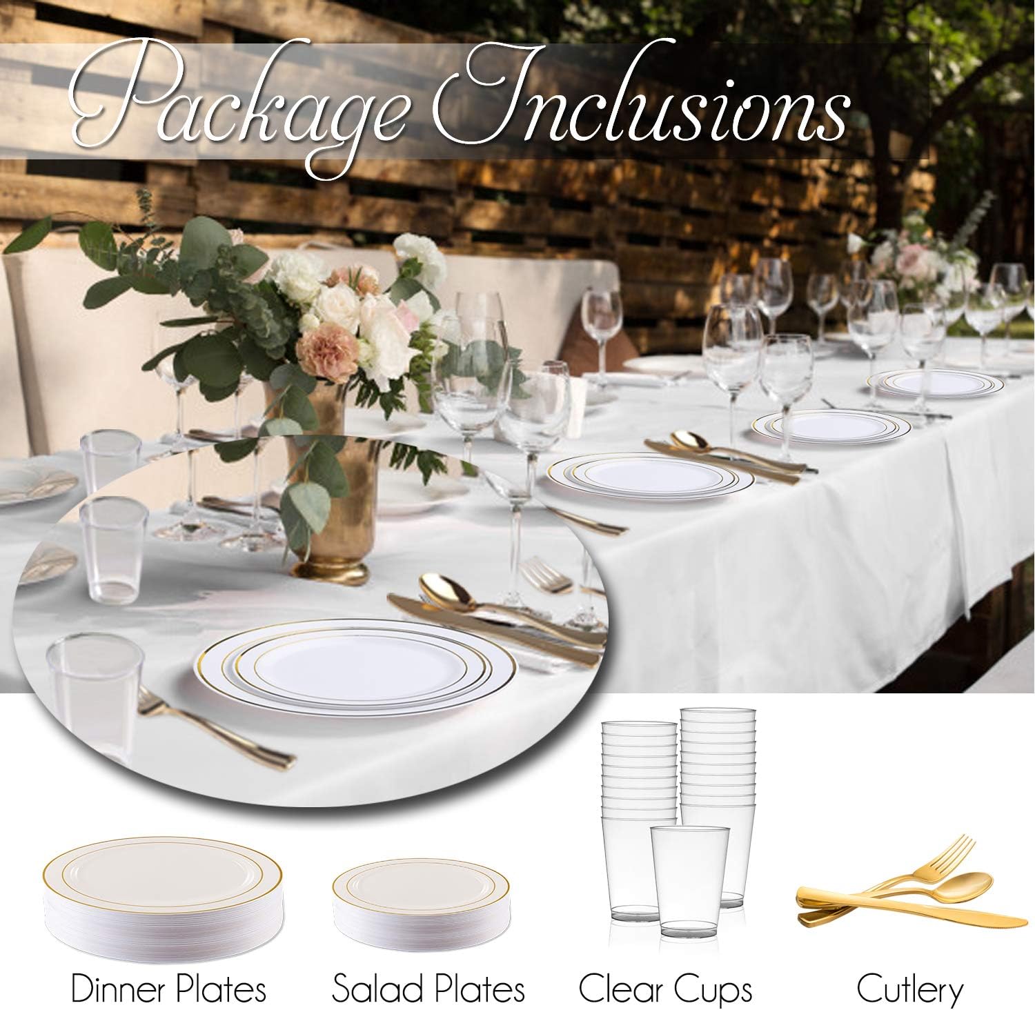 Combo Plate Set (White with Gold, Wedding Value Set (120 Guests))