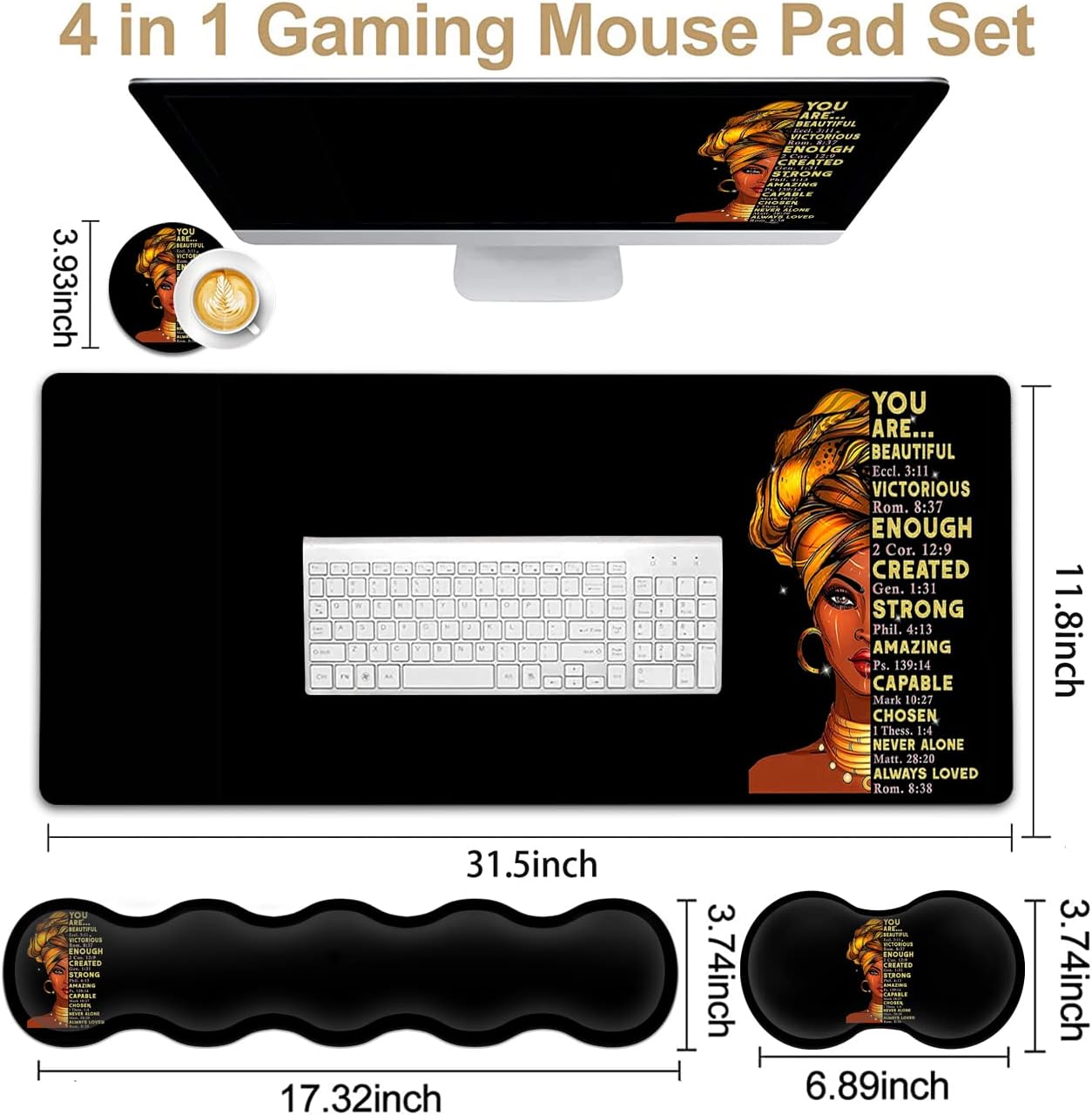 Large Mouse Pad with Wrist Support Ergonomic Memory Foam Keyboard Wrist Support & Non-Slip Mouse Wrist Rest,Extended Gaming Mouse Pads,for Laptop Office Desk Mat African Art Black Queen Anime Pattern