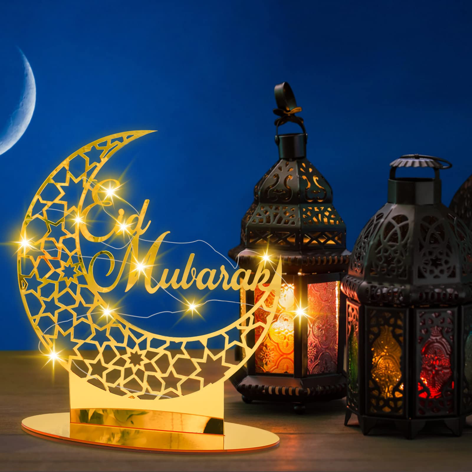 Veilleuse LED Ramadan Acrylique - Eid Mubarak - Décoration Étoile Et Lune Islamique