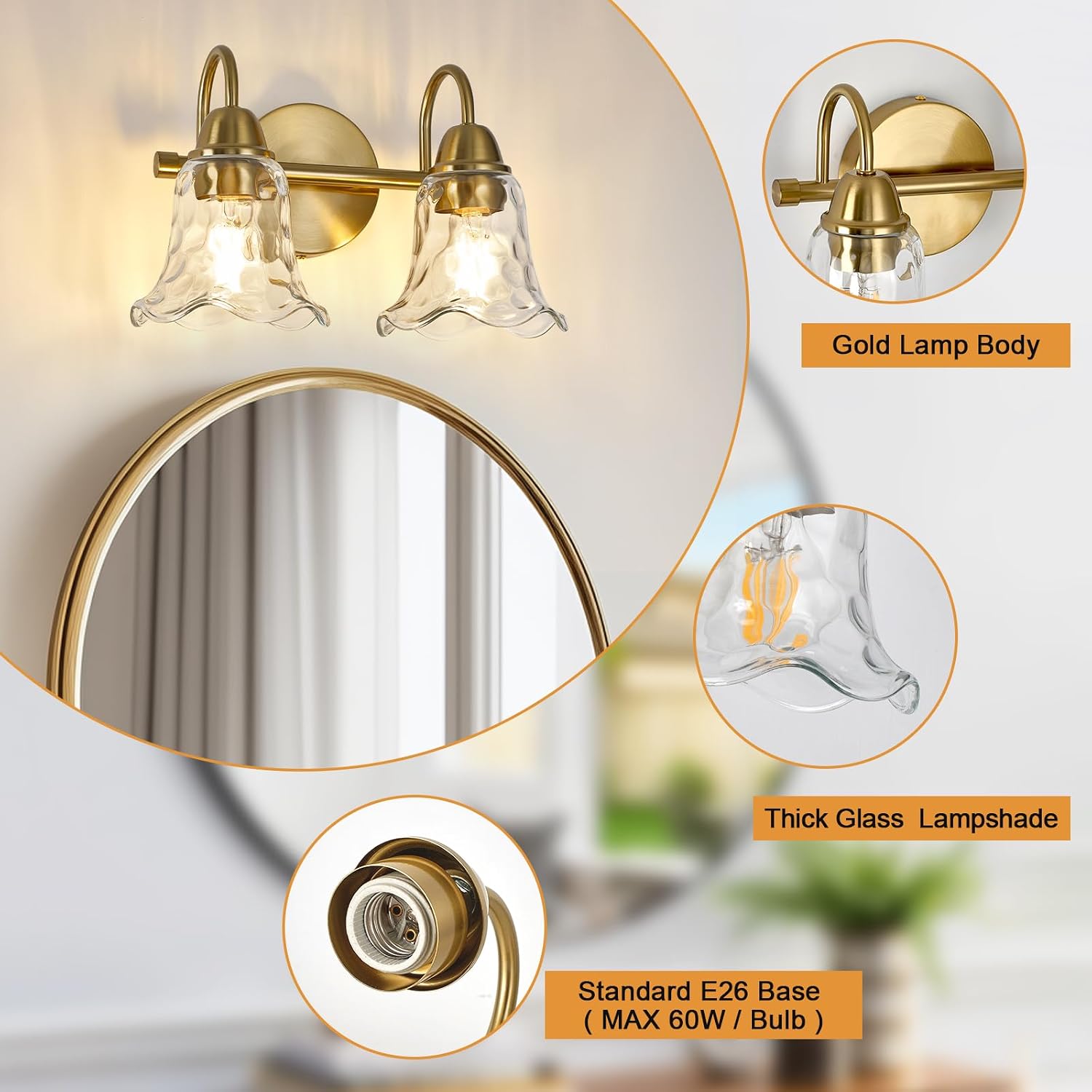 Bathroom Light Fixtures Over Mirror, 2 Lights Vintage Wall Sconces with Hammered Glass Shade, 12.6" Gold Bathroom Wall Light Fixtures for Bedroom, Porch, Hotel, Mirror Cabinet
