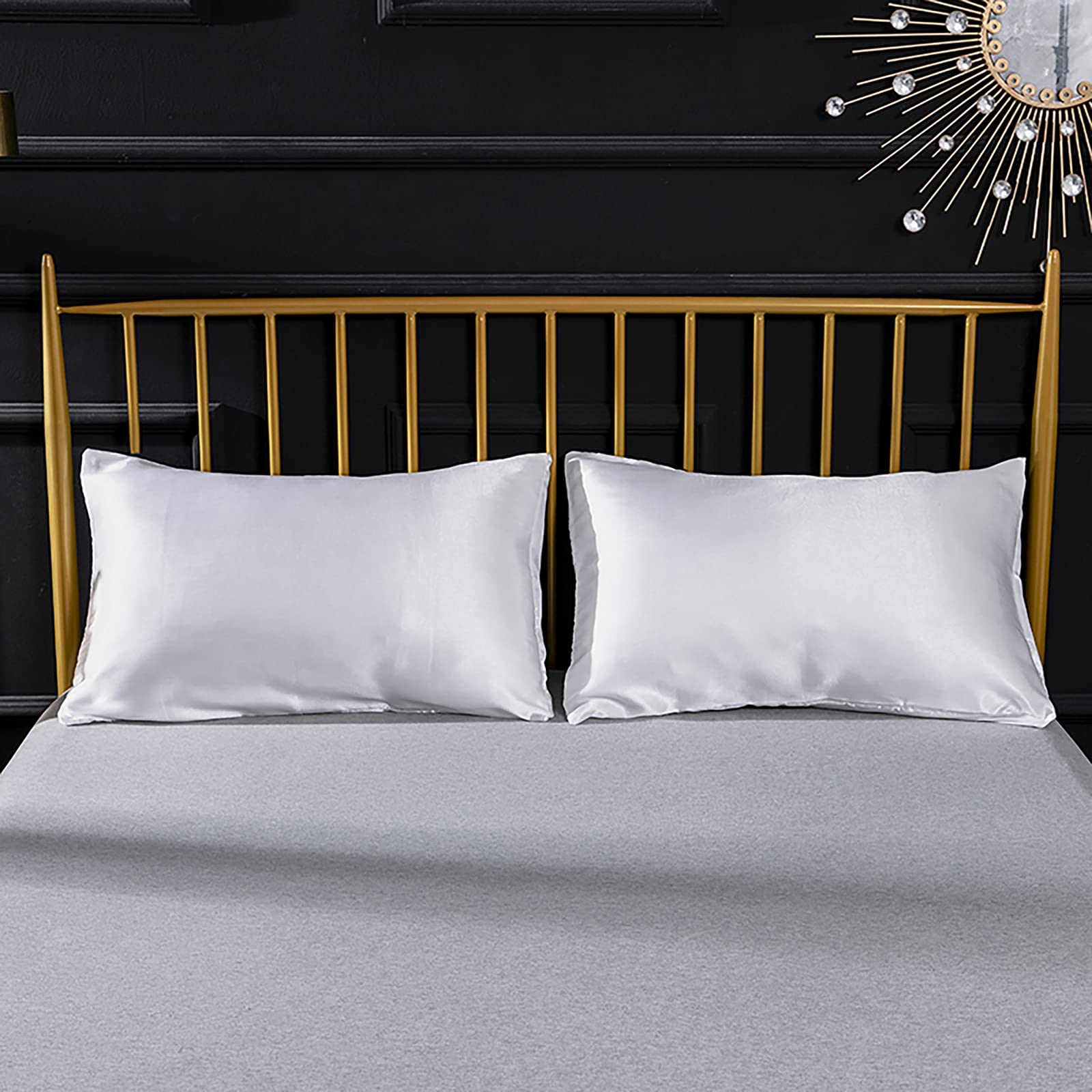 Jemiipee Spannbettuch Einfarbig Satin Seide Glänzend Betttuch Leintuch 200x200 cm für Matratzen bis 35cm Spannbettlaken Set 4teilig mit Bettlaken, Spannbettuch, 2 Kissenbezüge - Weiß