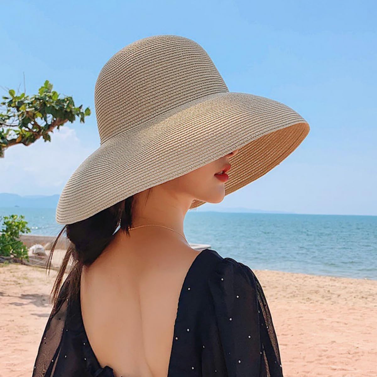 Women Floppy Sun Hat Wide Brim Straw Beach Cap UPF Straw Foldable Sun Hat for Summer - Image 3