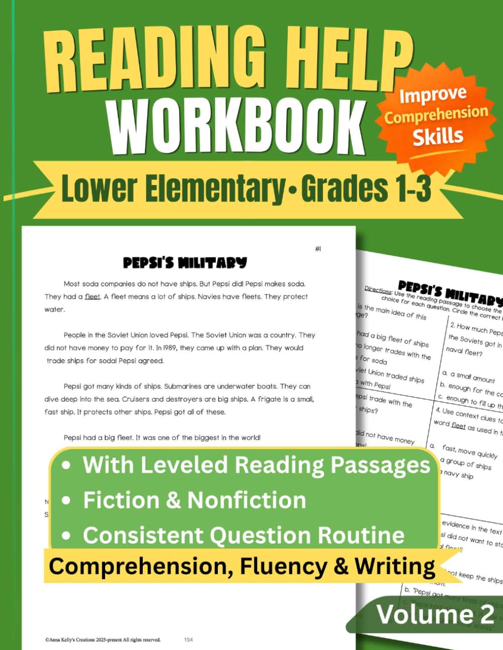 Reading Help Lower Elementary Workbook With Reading Passages Leveled Grades 1-3 Comprehension, Fluency & Writing: Fiction & Nonfiction, Consistent ... Skills Volume 2 (Reading Practice Workbooks)