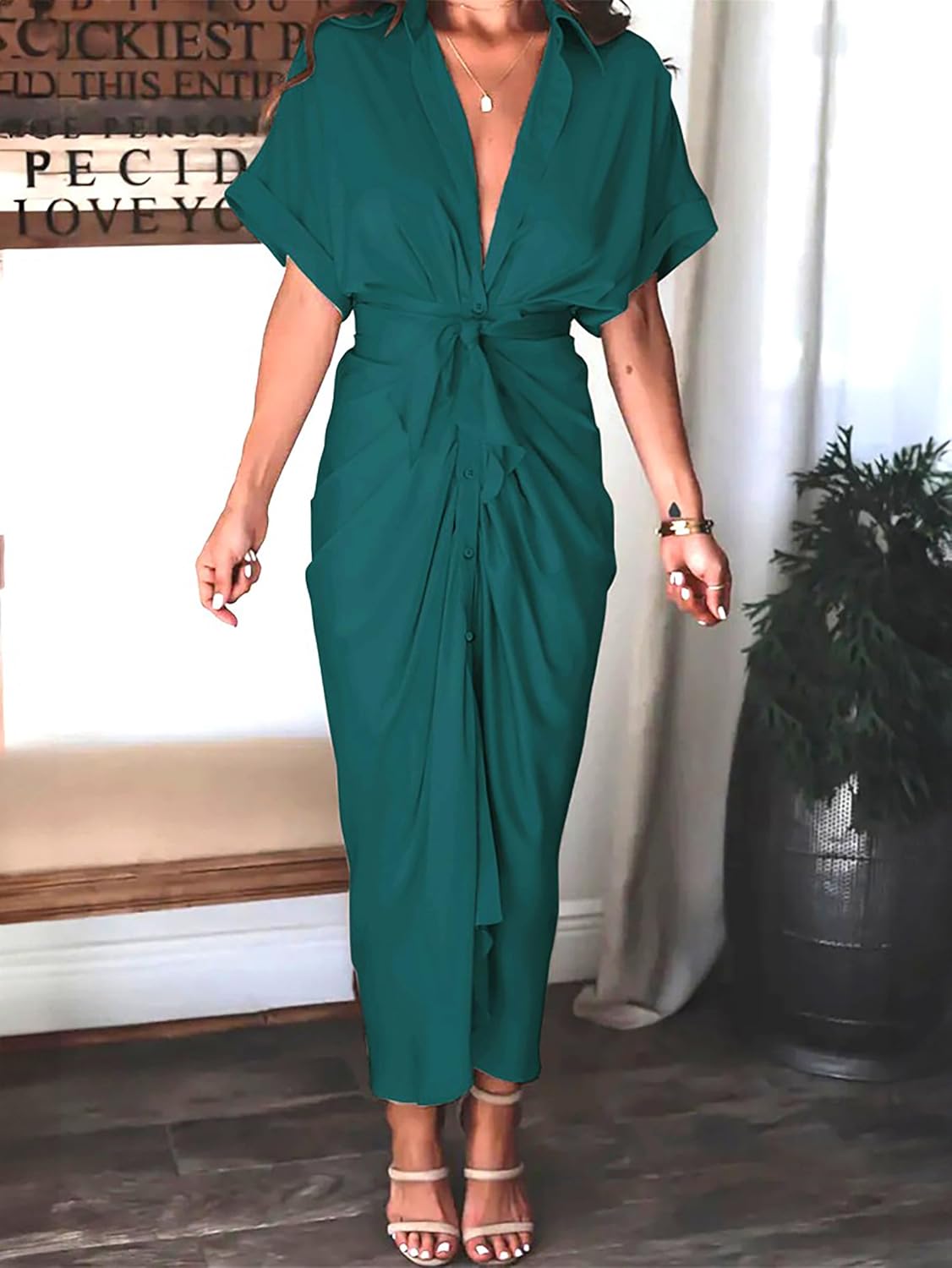 Krumba Women Summer Maxi Dress: Casual V - Neck Button Down Tie Waist – Comfort for Beach Party Wedding Outdoor Gatherings - Image 6