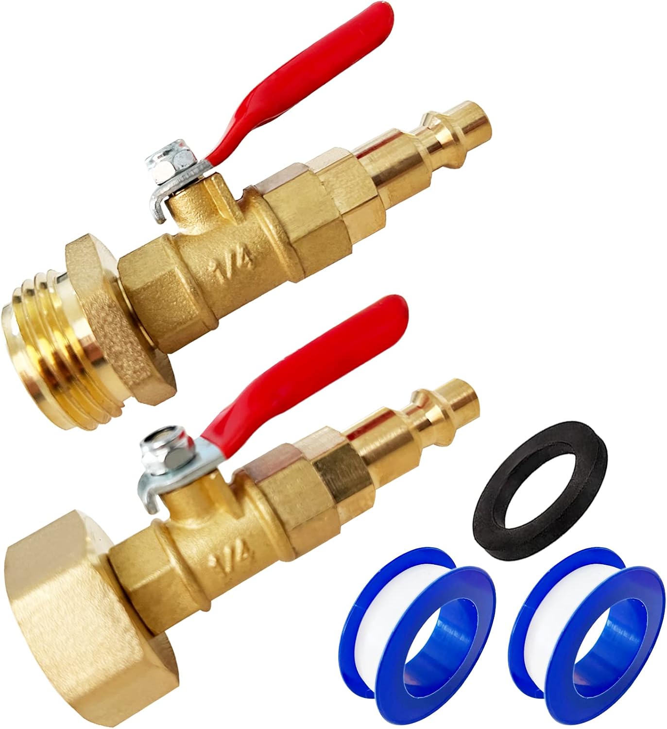 IEALODS Brass Winterize Adapter with 2 Pcs 1/4 Inch Male Quick Connecting Plug & 3/4 Inch Male and Female GHT Thread & 2 Pcs 1/4 Inch Ball Valve, Winterize Blowout Adapter for RV Boat Camper Trailer