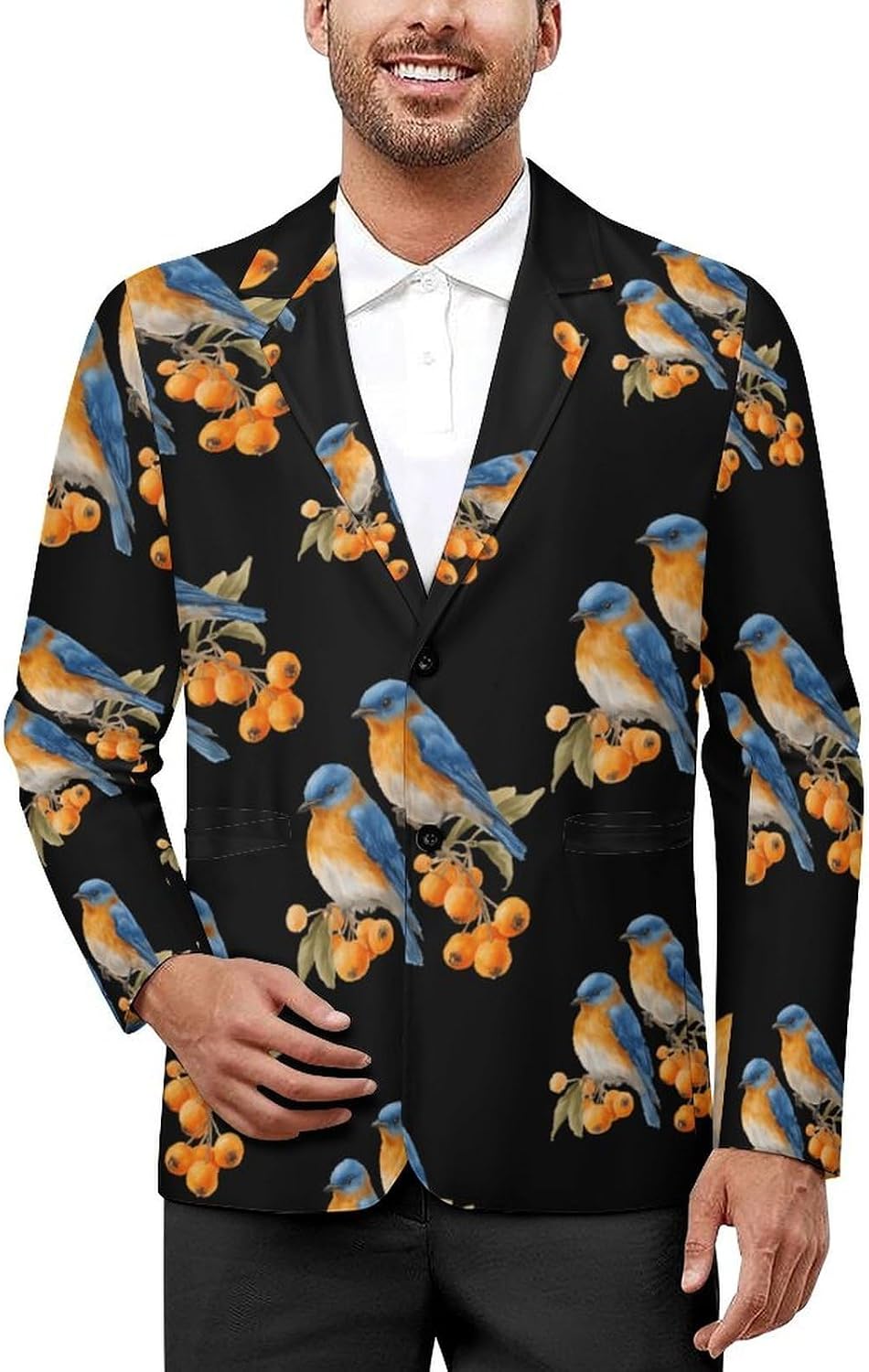 Blue Jay Birds on Orange Berry Men's Classic Fit Suit Two Button Blazer Business Coat Tuxedo for Wedding Dinner