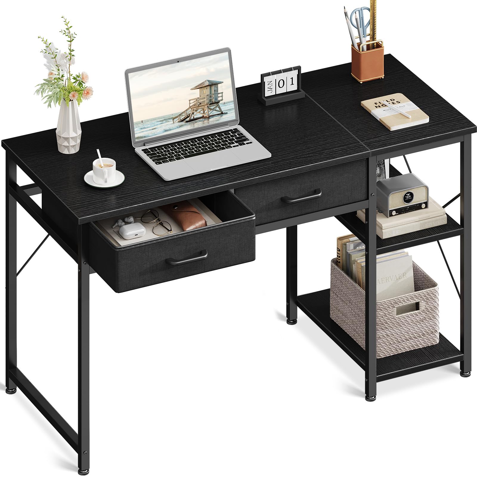 Coleshome Small Computer Desk with Drawers, 40 Inch Reversible Home Office Desk with Storage Shelves, Study Laptop Desk for Bedroom Small Space, Black
