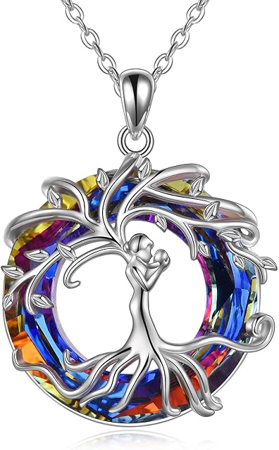 AOBOCO Tree of Life Necklace Mum Gift, 925 Sterling Silver Pendant with Crystal, Fine Jewellery Gifts for Women