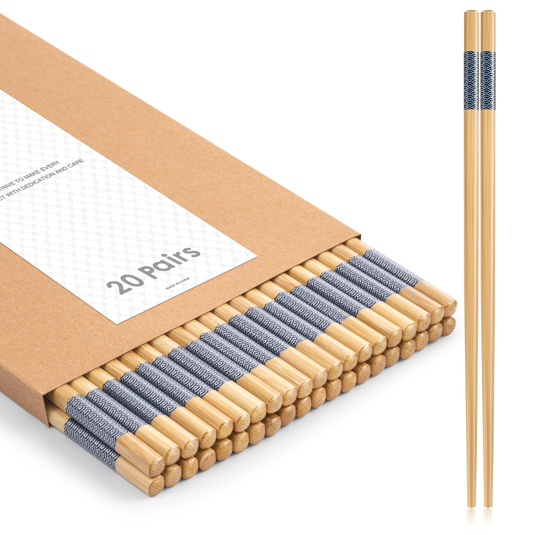 Lot de 20 paires de baguettes en bambou réutilisables | Résistantes à la chaleur | Passe au lave-vaisselle | Sans échardes – (24 cm)