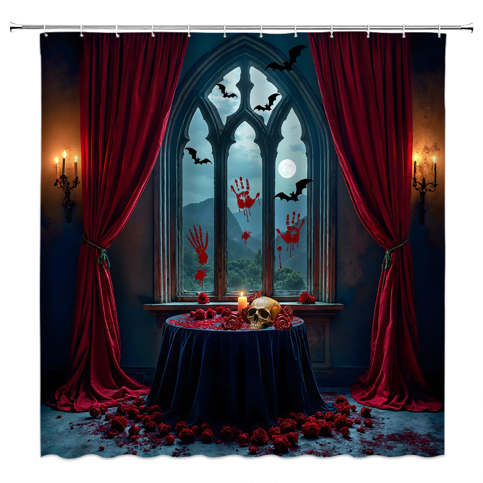 FJLLFJ Gothic Halloween Shower Curtain,Haunted House Skull Blood Handprint Bat Rose Scary Red Blue Polyester Bathroom Curtain with 12 Hooks,Bathtub Home Decor,70x70 Inch