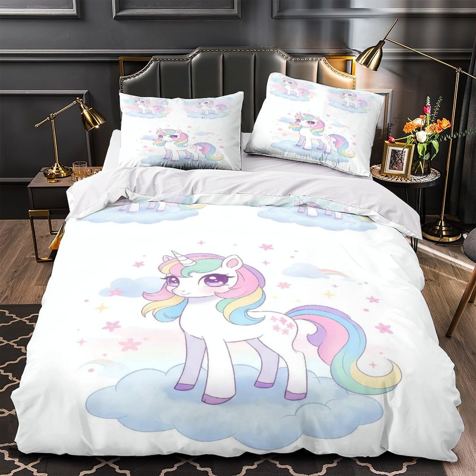 Parure de lit licorne 3D 200x200 housse de couette en microfibre avec fermeture