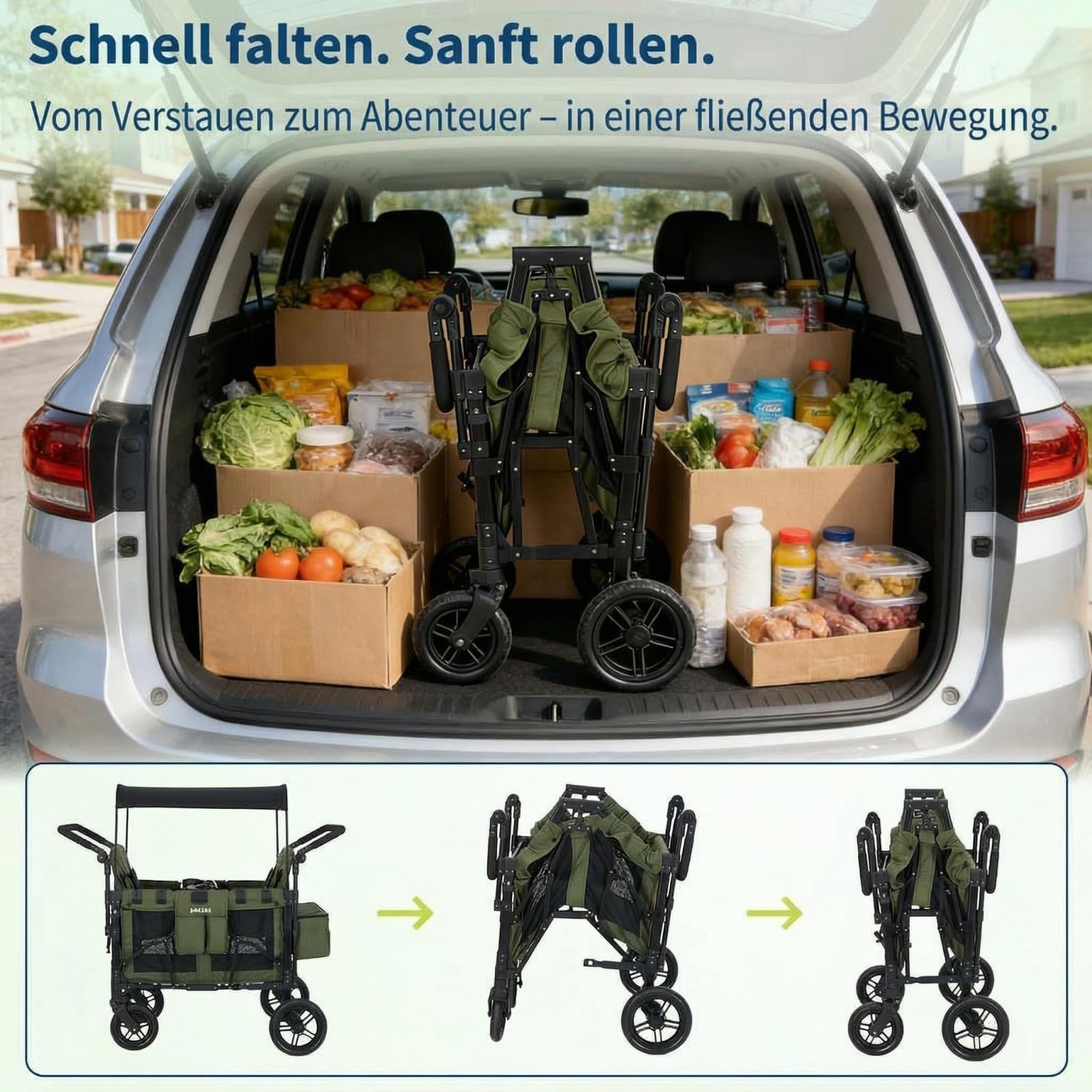 Bollerwagen faltbar mit 4 Sitze,Premium Bollerwagen für 4 Kinder mit Dach Kinderwagen Handwagen mit 5-Punkt-Gurt,Snack Tablett,Sonnenschutzdach,geländegängigen PU-Rädern