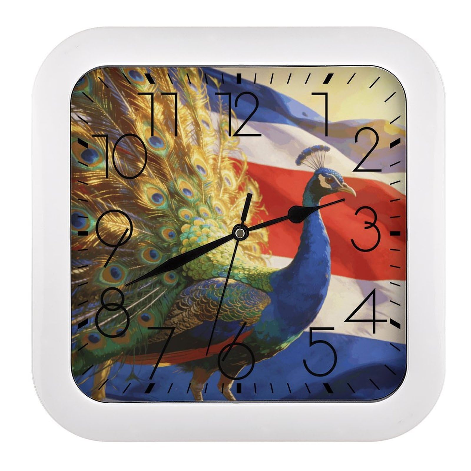 Fodpand Style Colorful Peacock And National Flag Wall Clock,Battery Operated Modern Retro Rounded Square Clock Clock For Bedroom Living Room Office Home Gym Porch Decor Indoor Outdoor 10.2 * 10.2In